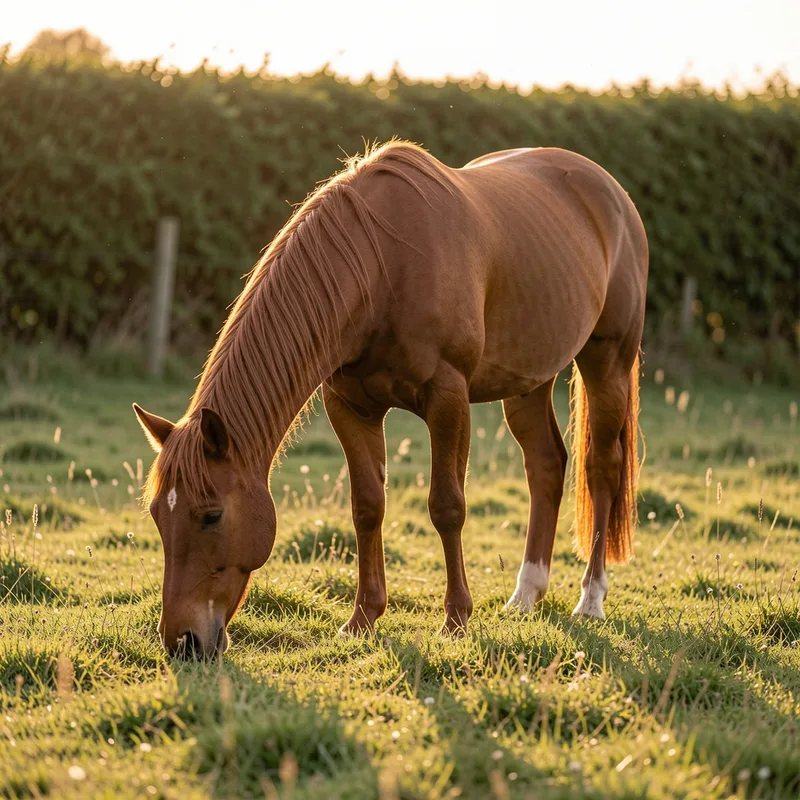 Cheval broutant au pré, nez dans l&rsquo;herbe, lumière rasante de fin de journée