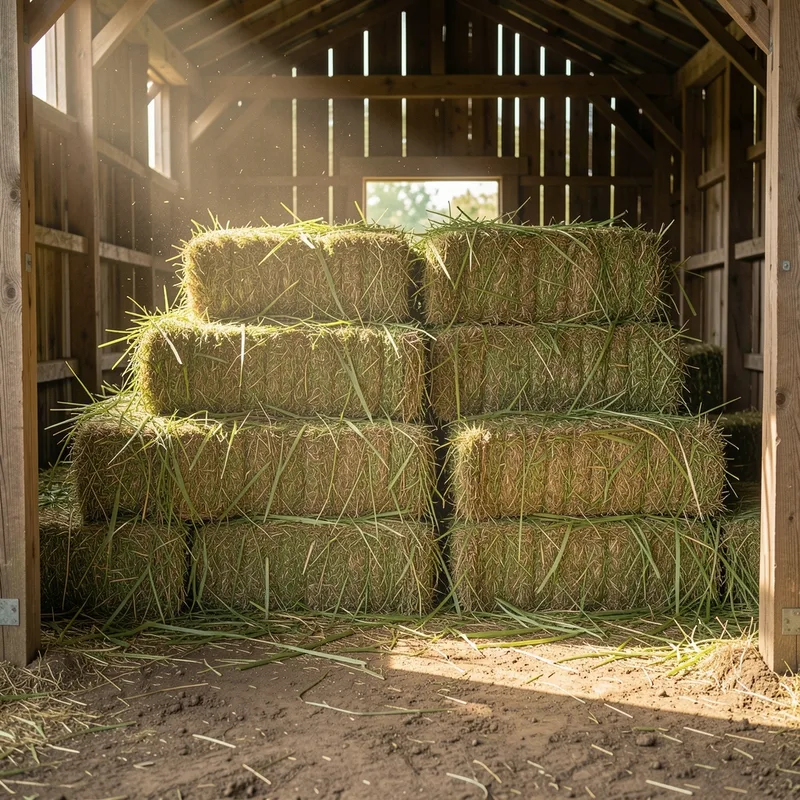 Bottes de foin de prairie stockées sous un hangar, brins verts et souples