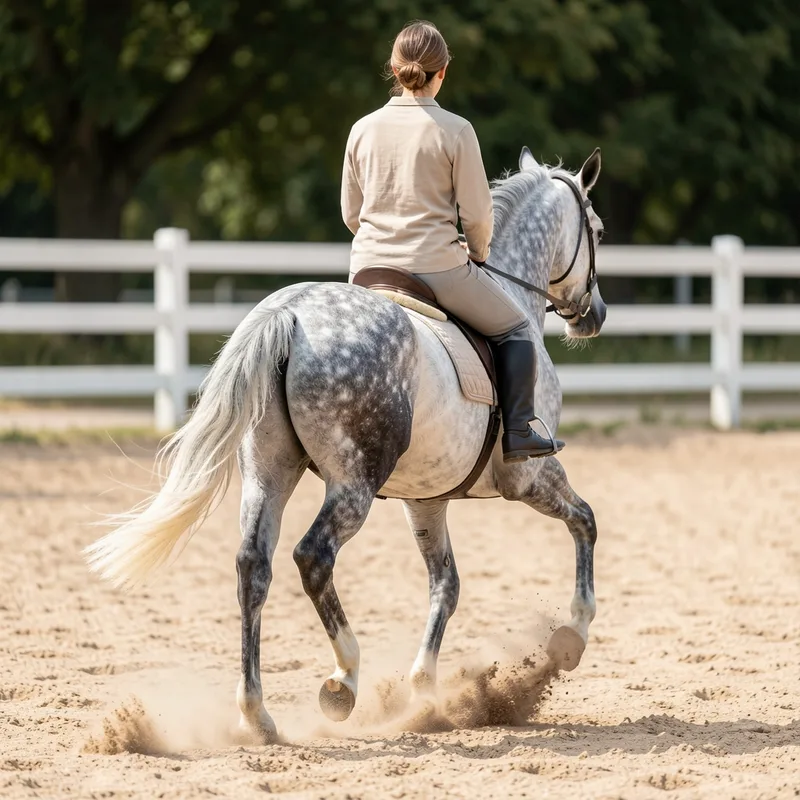 Cavalier au galop dans une carrière sablonneuse, cheval musclé et brillant