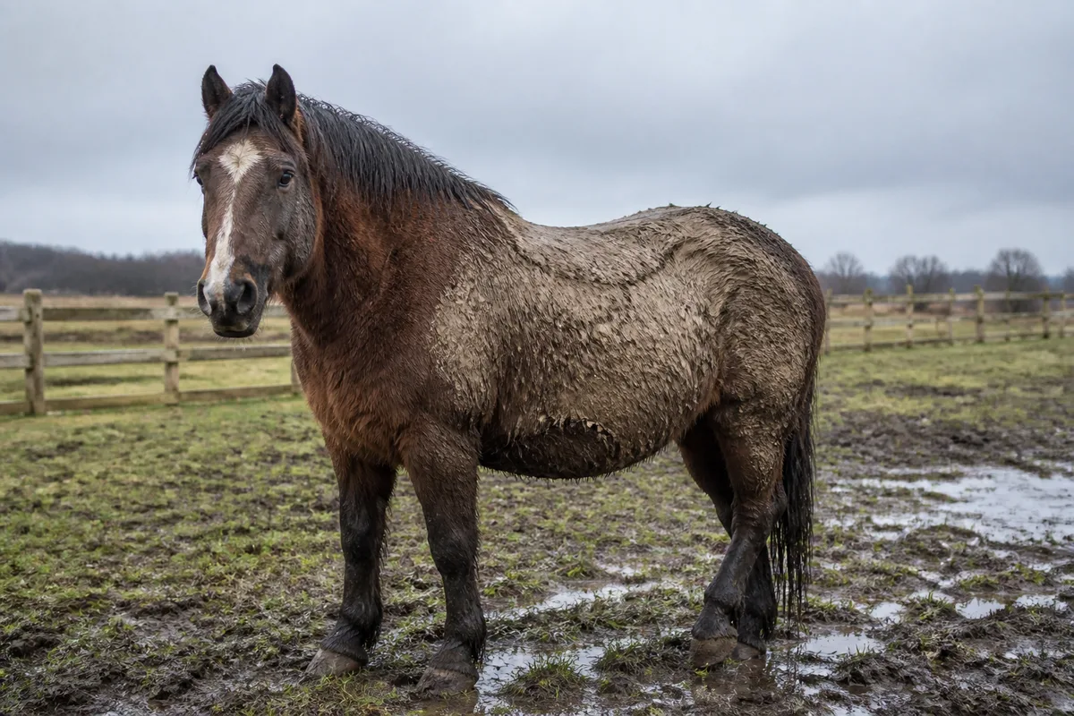 Cheval au pré en hiver, poil long couvert de boue séchée, dans un paddock détrempé