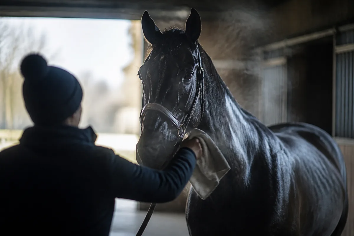 Cavalier bouchonnant un cheval tondu après le travail, vapeur légère dans une allée d’écurie