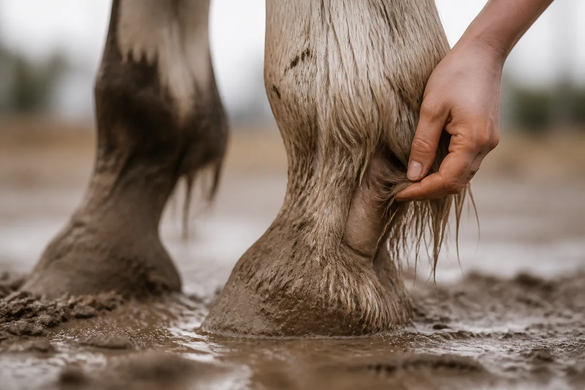 Détail du bas des membres d’un cheval, fanons humides et paturons boueux inspectés à la main